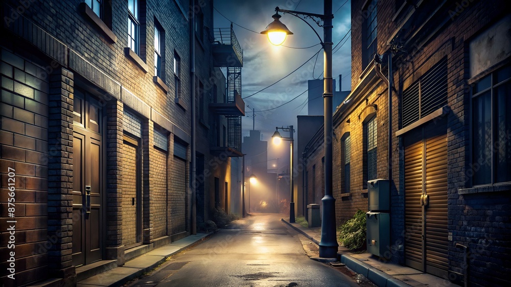 Deserted alleyway at night, flickering streetlight, ominous shadows lurking, a sense of imminent danger, Urban, Photorealistic Deserted alleyway at night, flickering streetlight, ominous shadows lurking, a sense of imminent danger, Urban, Photorealistic