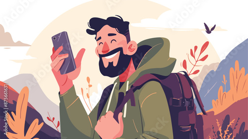 A hipster man with the beard making selfie on the back
