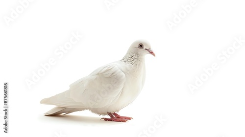 A graceful white dove stands alone on a white background.