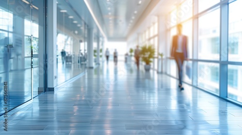 The bright office floor and motion blur capture the essence of a busy work environment