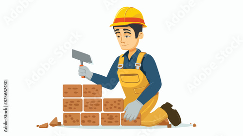 A n asian bricklayer in uniform and hard hat Brickbat