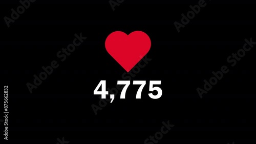 social media red heart likes animation, 10000 likes animation on black background, Floating red animation of social media likes adding up to 10k.