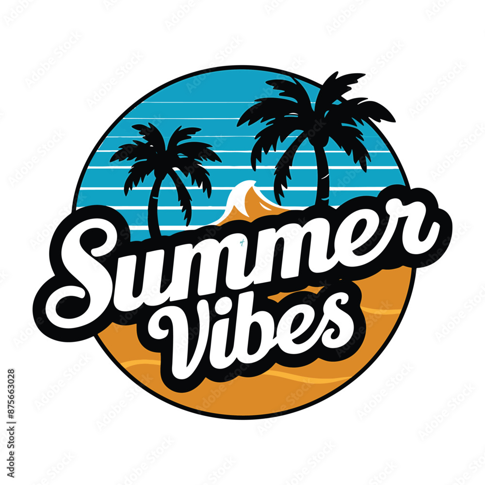 Fototapeta premium a palm tree is in the middle of a sunset summer vibes typography t shirt design vector