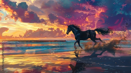 The image is a beautiful painting of a wild horse running free on the beach. The horse is black with a long, flowing mane and tail.