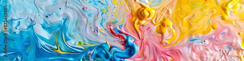 Swirling liquid paint in various colors, creating intricate patterns on paper, featuring shades like blue, yellow, pink, and red.