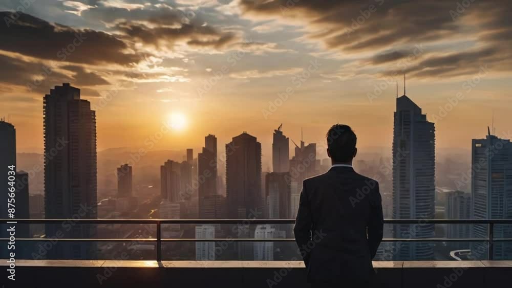 Businessman looking and enjoying the sunset view from balcony with busy urban downtown with loneliness for solitude, business, inspiration and dreaming of freedom lifestyle concept. AI Generative. Businessman looking and enjoying the sunset view from balcony with busy urban downtown with loneliness for solitude, business, inspiration and dreaming of freedom lifestyle concept. AI Generative.