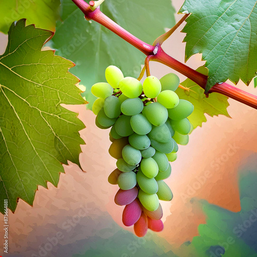 A bunch of grapes hanging from a vine with a green leaf.