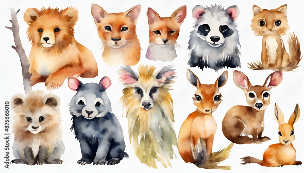 Fototapeta premium A delightful array of animal portraits, including pandas, foxes, bears, and raccoons, each with its distinctive fur texture and eye color, set against a white background.