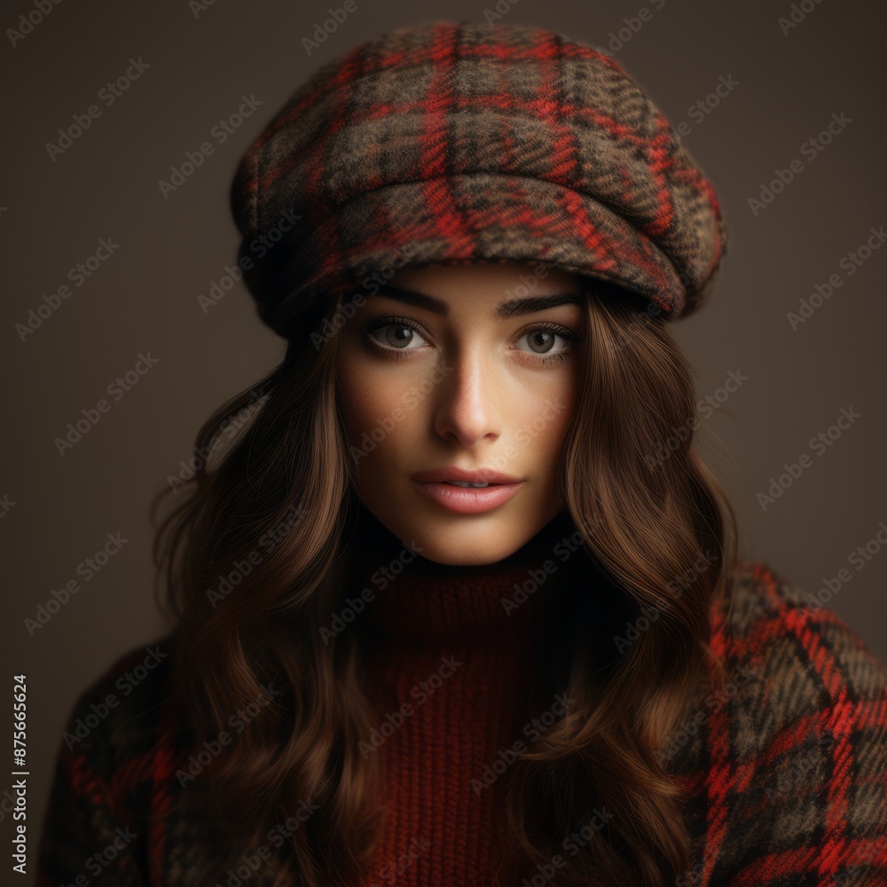 portrait of beautiful young woman wearing a plaid hat portrait of beautiful young woman wearing a plaid hat