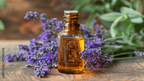 Small bottle of lavender essential oil with fresh lavender flowers on a wooden table