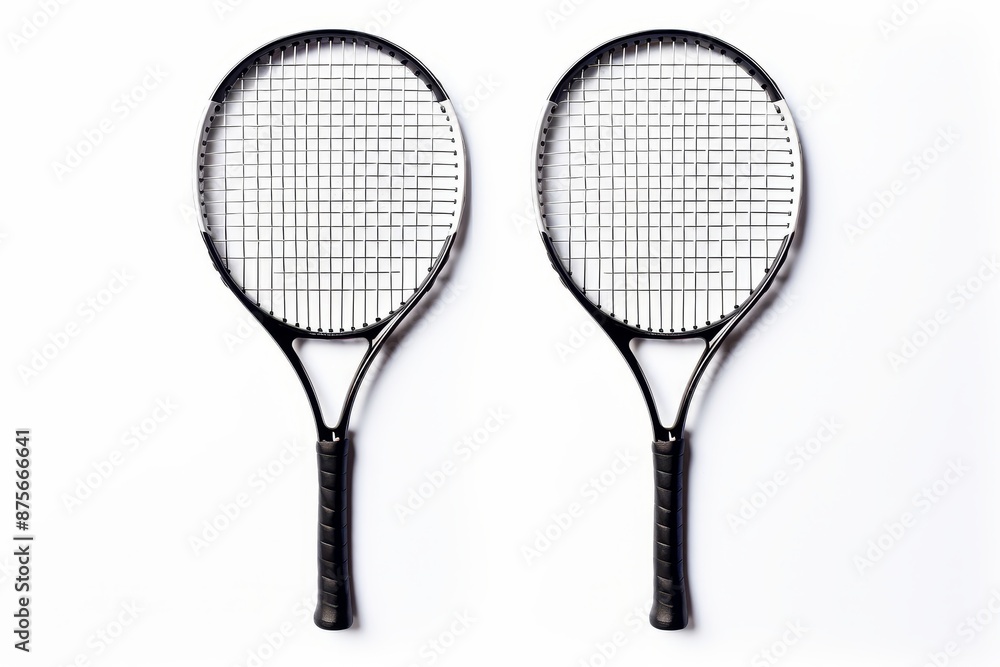 Two tennis rackets isolated on white background for focused search relevance and optimal visibility Two tennis rackets isolated on white background for focused search relevance and optimal visibility