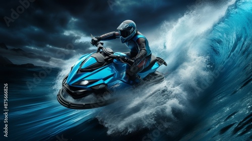 Jet ski rider surfing a large ocean wave for exhilarating water sports adventure