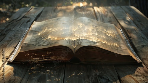 An open book with a beautiful light coming from the pages. The book is placed on a wooden table. The background is blurred. photo