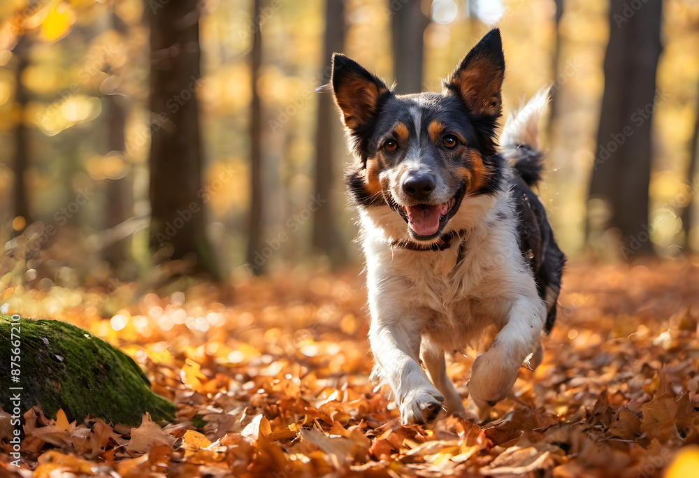 happy running dog in autumn leaves happy running dog in autumn leaves
