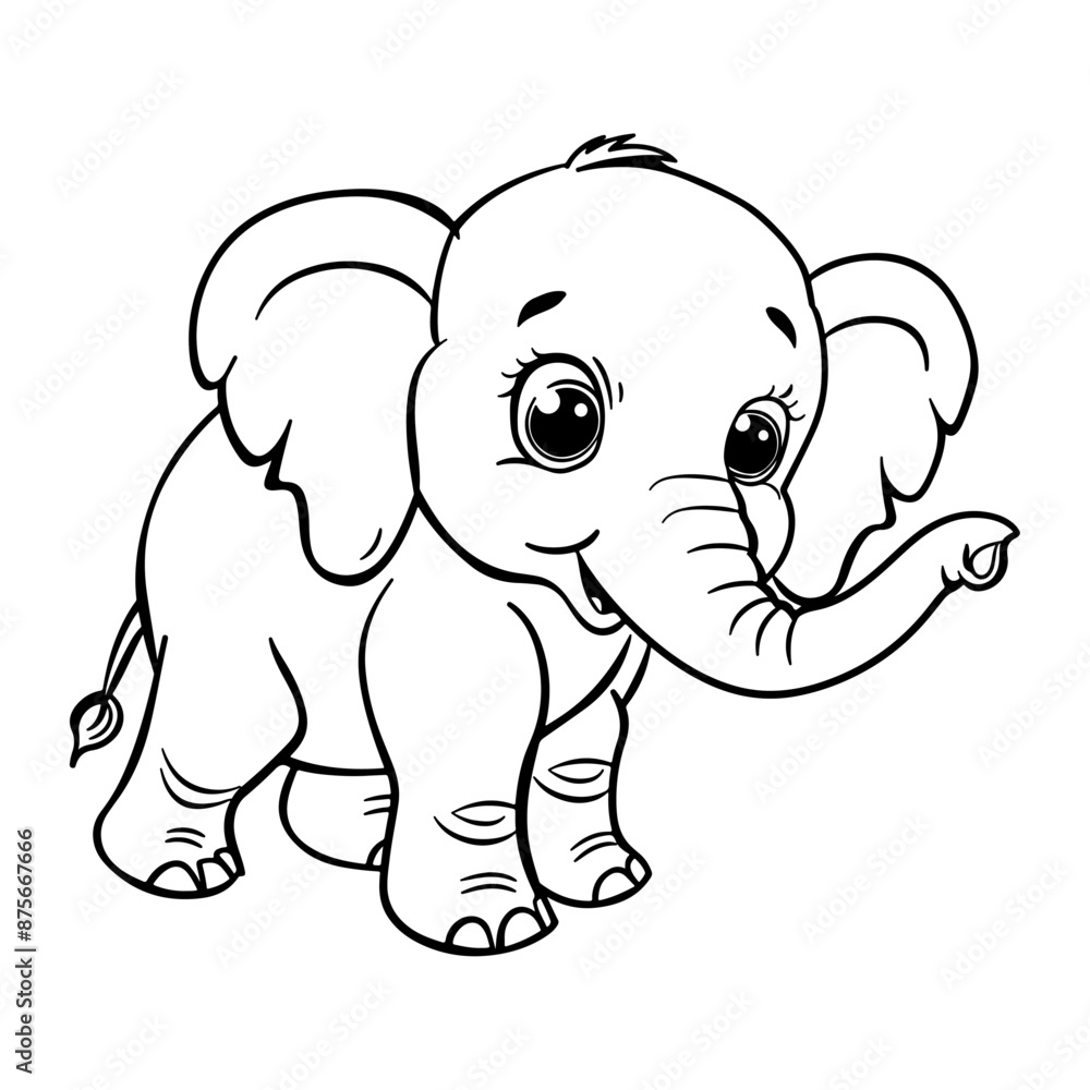 Black and white cartoon drawing of a cute baby elephant with large eyes, big ears, and a raised trunk., Vector 2d illustration. Black and white cartoon drawing of a cute baby elephant with large eyes, big ears, and a raised trunk., Vector 2d illustration.