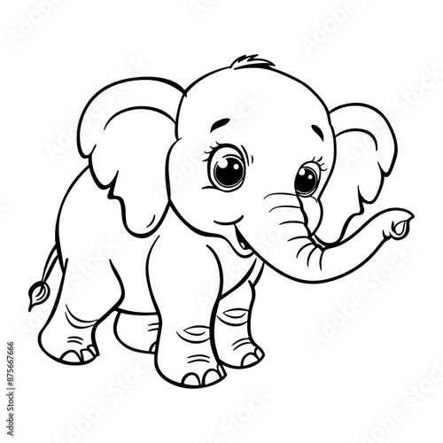 Black and white cartoon drawing of a cute baby elephant with large eyes, big ears, and a raised trunk., Vector 2d illustration.