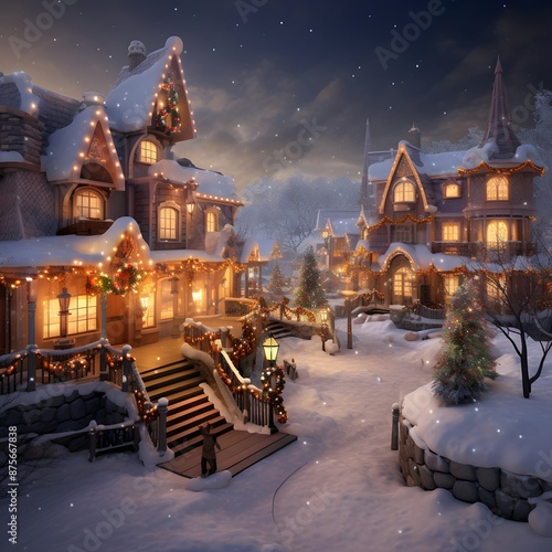 Winter village at night. Christmas and New Year holidays background. 3d rendering