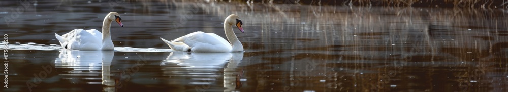 Obraz premium Graceful Swans Gliding in Serene Global Waters, Reflecting Elegance and Tranquility of Their Aquatic Kingdom, Perfect for World Water Day Promotions