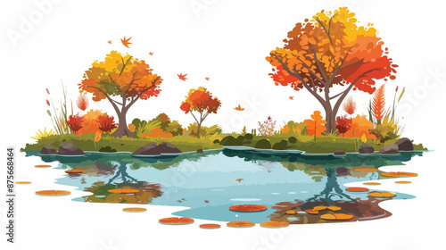 A small pond with vibrant colourful trees and reflect