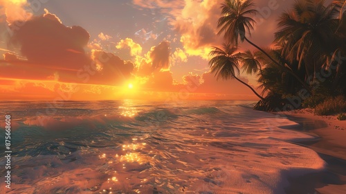 Amazing vivid sunset over calm sea. Glowing sun sets behind the clouds. Tropical beach with palm trees. Travel and vacation concept.