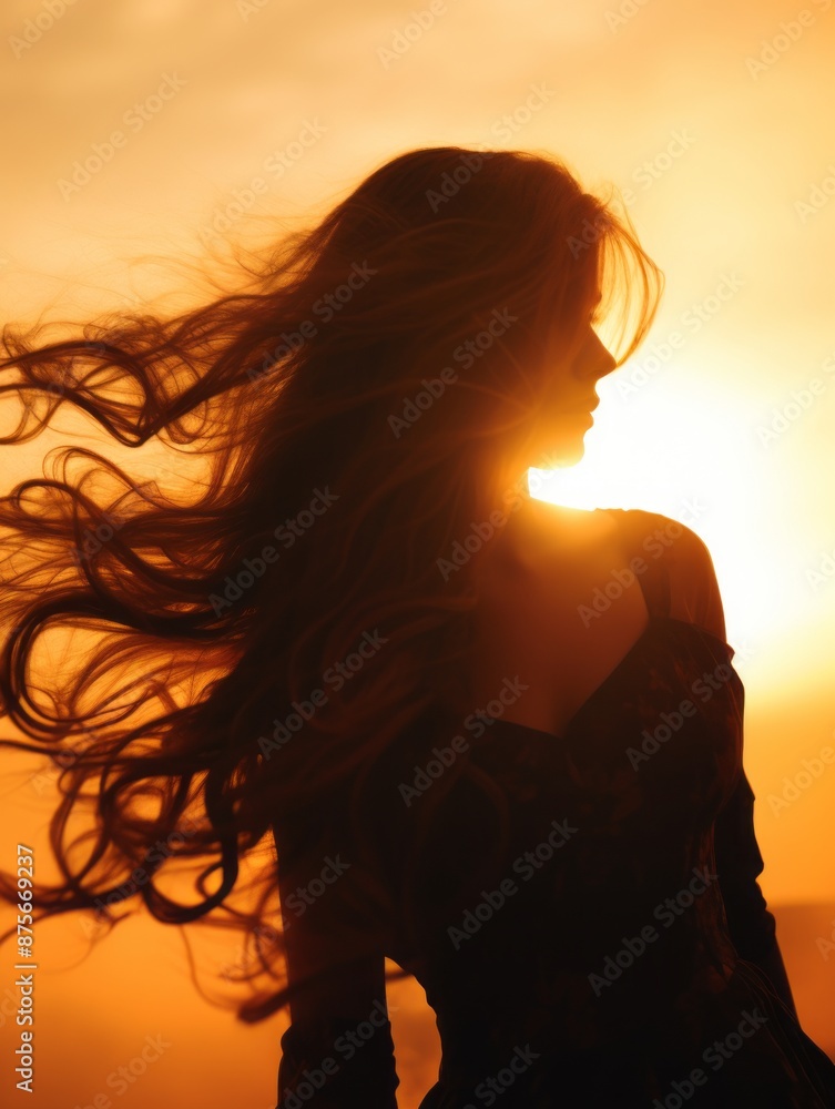 silhouette of woman with long hair blowing in the wind at sunset silhouette of woman with long hair blowing in the wind at sunset