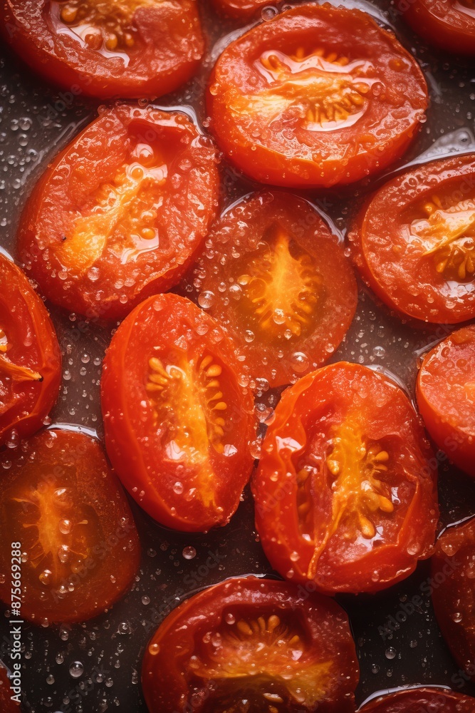 sliced tomatoes on a baking sheet with water sliced tomatoes on a baking sheet with water