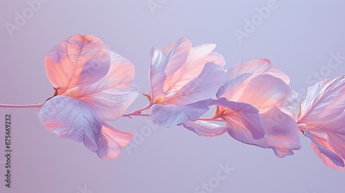 Elegant pink and white flower petals, with veins illuminated by soft light, on a delicate branch, against a pale purple background. photo