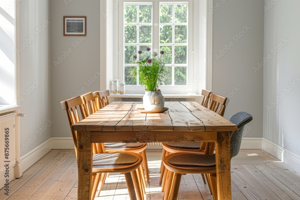 Fototapeta premium Rustic Farmhouse Dining Table with Floral Centerpiece