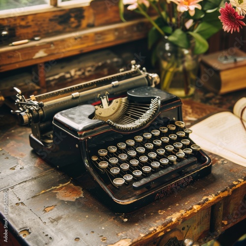 Timeless Elegance in Retro Office: An Antique Typewriter as a Symbol of Enduring Heritage on a Desk of Nostalgic Charm. photo