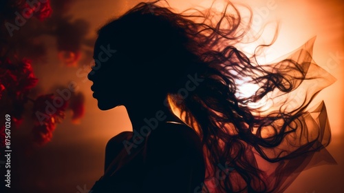 the silhouette of a woman with her hair blowing in the wind