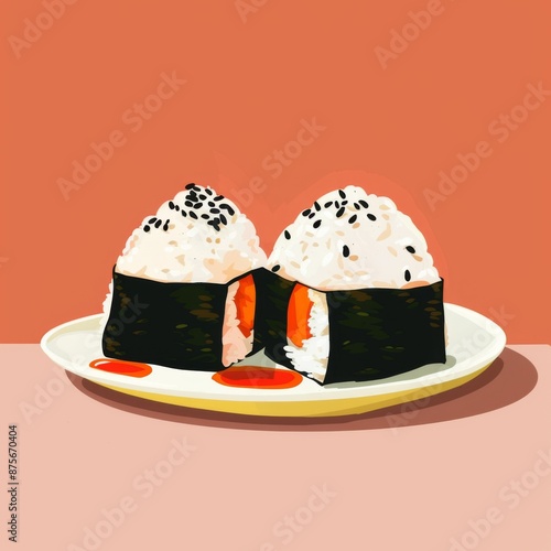 Abstract animated Japanese cuisine: A whimsical onigiri illustration created with Generative AI, bringing playful animation effects to the culinary art experience. photo