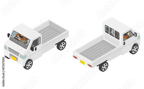 アイソメトリックイラスト:軽トラックを運転する男性