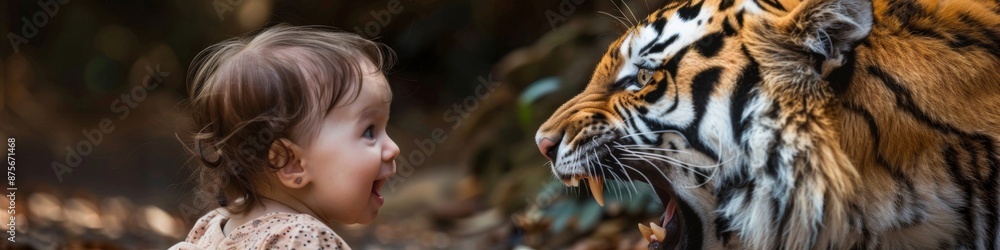 Obraz premium Intense Gaze of a Majestic Tiger Roaring at a Brave Little Girl: A Powerful Illustration of Courage and the Raw Majesty of Wildlife.