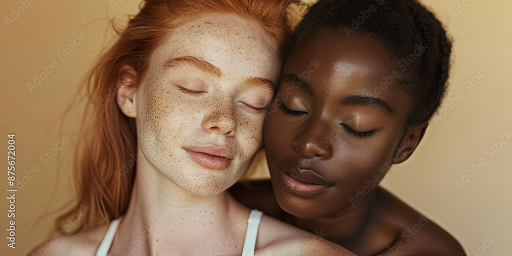 portrait of two diverse young women with closed eyes and smiling, generative AI portrait of two diverse young women with closed eyes and smiling, generative AI