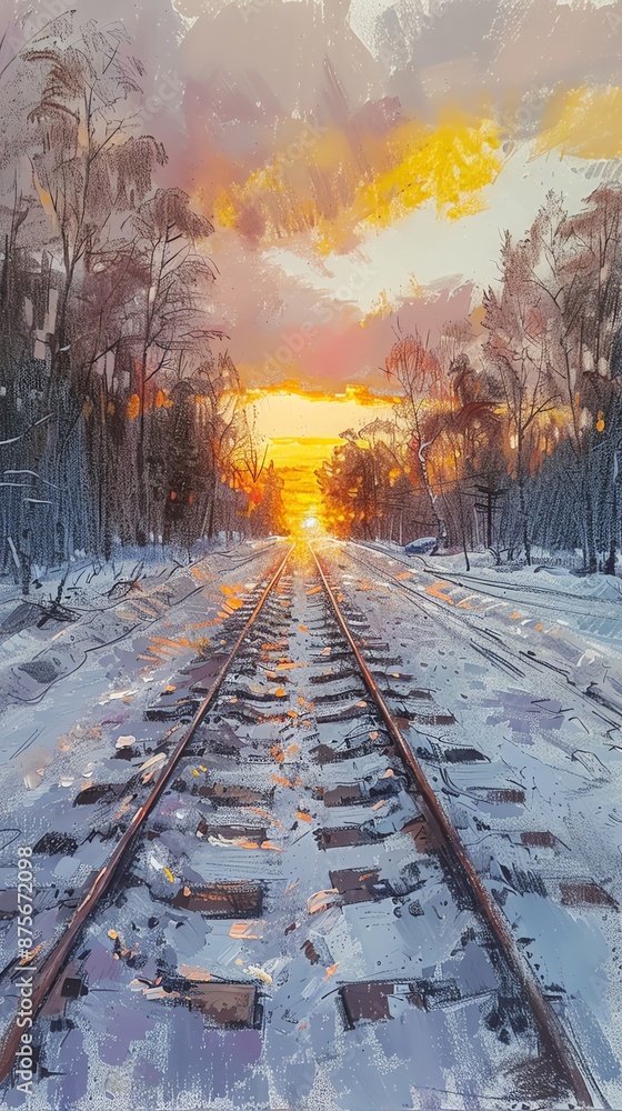 Sunset over snowy railroad tracks flanked by trees in winter, with a vibrant sky and soft snow covered ground, creating a serene and tranquil scene. Sunset over snowy railroad tracks flanked by trees in winter, with a vibrant sky and soft snow covered ground, creating a serene and tranquil scene.