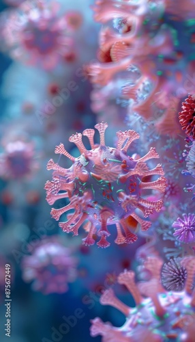 Close-up view of colorful microscopic organisms or virus particles with intricate details, showcasing vibrant patterns and intricate structures.