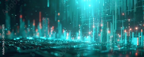 Wallpaper Mural Abstract futuristic cityscape with neon lights and digital elements, depicting a sci-fi urban environment with glowing blue and red hues. Torontodigital.ca