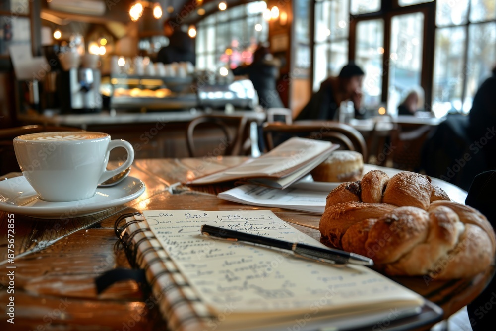A Cozy Cafe Moment with a Cup of Coffee, Pastry, and a Notebook A Cozy Cafe Moment with a Cup of Coffee, Pastry, and a Notebook