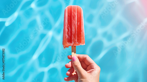 Hand holding refreshing watermelon popsicle on hot summer day photo