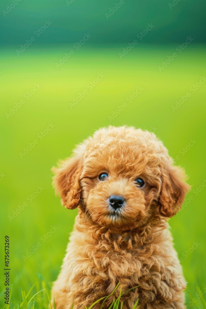 Poodle puppy sitting on vibrant green grass, looking up curiously. Poodle puppy sitting on vibrant green grass, looking up curiously.