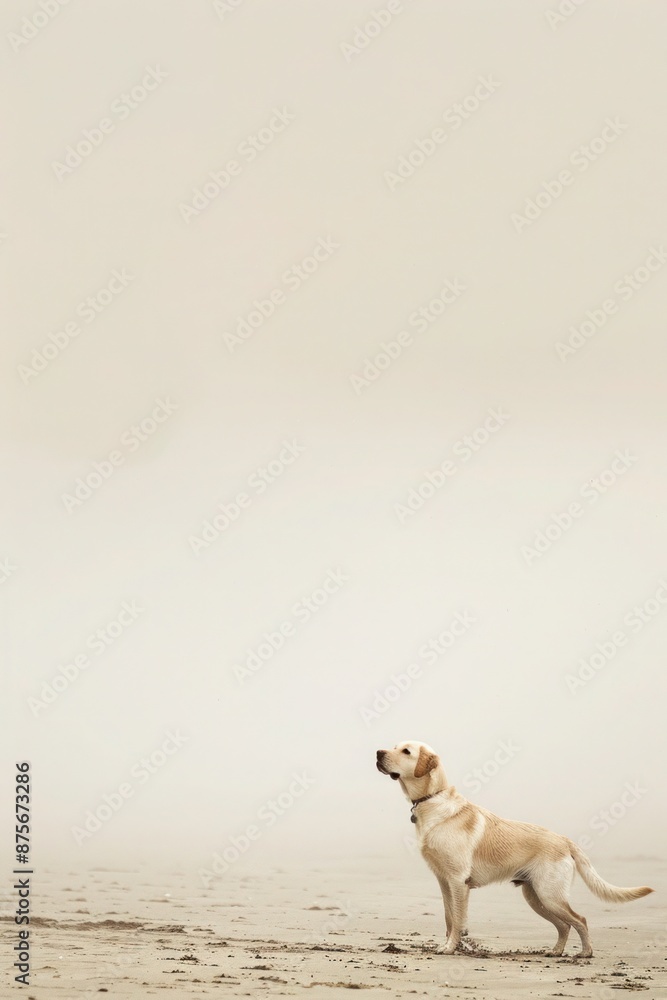 Labrador puppy walking alone on the beach at sunset.
