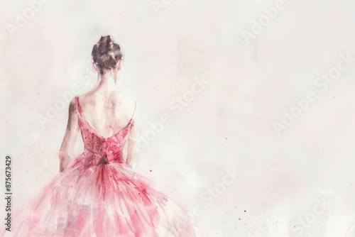 A gentle watercolor scene unfolds as a ballerina, donning a pink dress, stands with her back to the viewer against a soft, light background