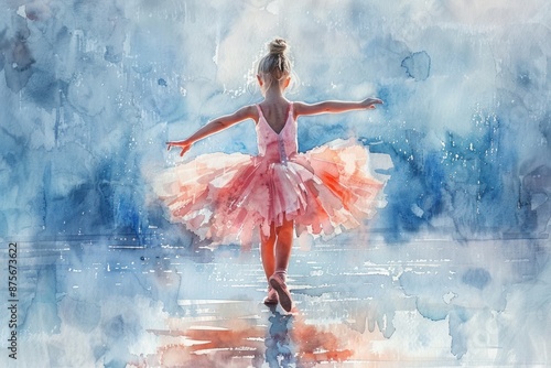 In soft watercolors against a pale blue backdrop, a tiny ballerina, dressed in a coral-pink tutu, takes her first steps into the world of dance, her charm and innocence shining through.