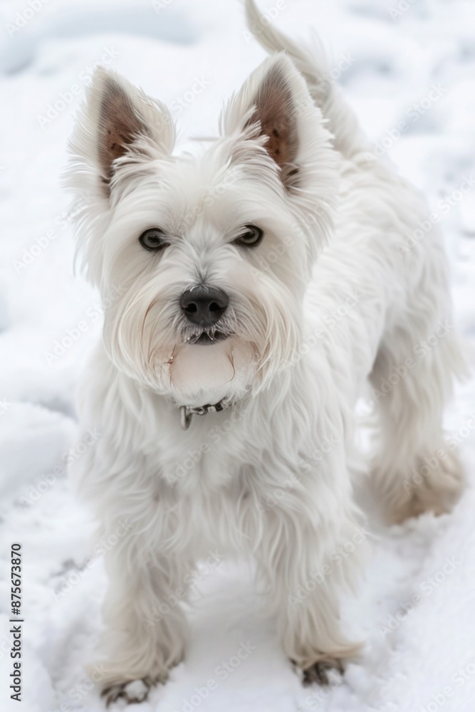 Westie dog standing in the snow, looking ahead with curious expression. Westie dog standing in the snow, looking ahead with curious expression.