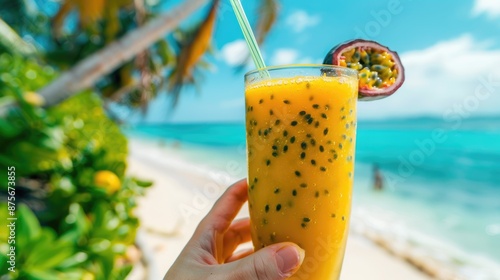 A passion fruit smoothie on beach. generative ai