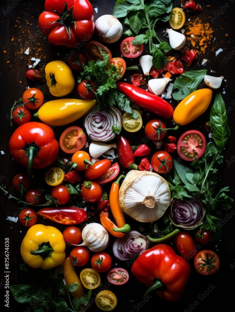 various vegetables and herbs on a black background various vegetables and herbs on a black background