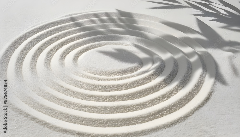 Zen Garden white sand surface with leaf shadow on circles Zen Garden white sand surface with leaf shadow on circles
