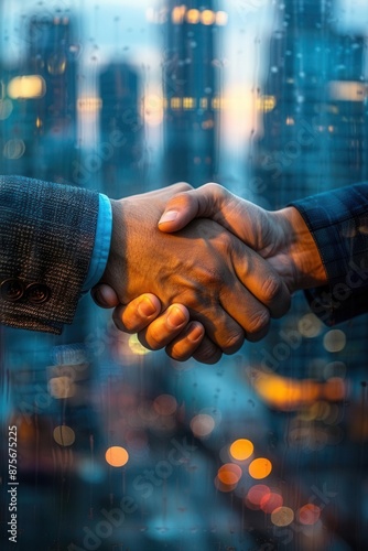 Closeup of a successful business handshake, blurred city buildings and office workspace in the background, AIgenerated, professional and modern, symbolizing a business agreement