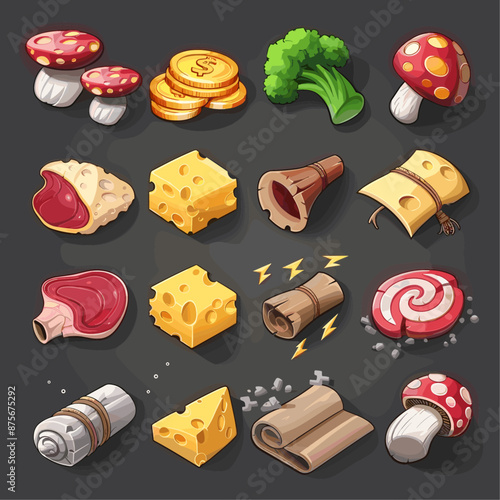 Cartoon Game Assets. Food, Items, and Coins