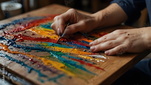 A close-up of an imaginative artist's hands working in a workshop to paint bright strokes on a canvas
